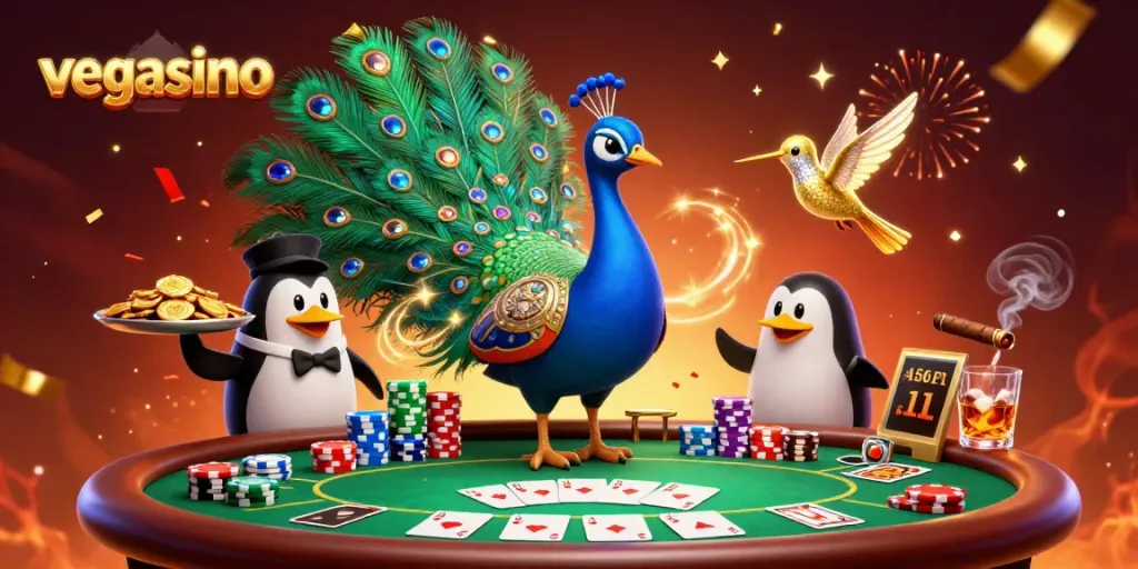 Play at vegasino with a lively casino scene featuring a peacock and poker elements.