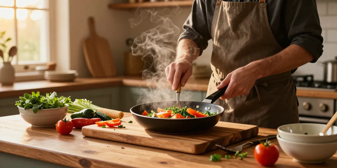 Frisch zubereitete Mahlzeit in einer PTFE freien Pfanne in einer warmen Küche.