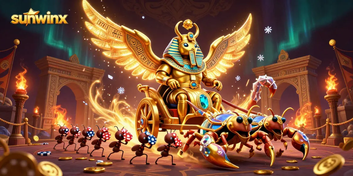 Experience sunwinx's vibrant online casino scene with a golden pharaoh beetle, scorpions, and poker chips.
