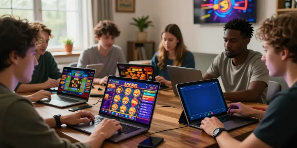 Players enjoying diverse games on https://uk88.ad/ in a vibrant living room.