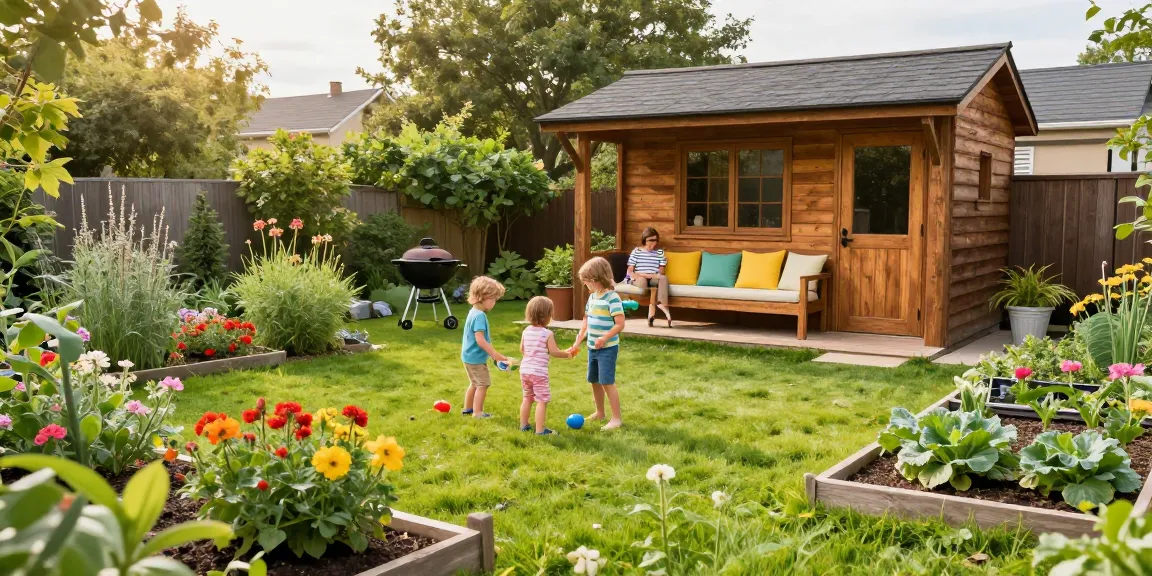 Vibrantes Gartenhaus in einem blühenden Garten mit Familie, das Gartenhäuser ins beste Licht rückt.