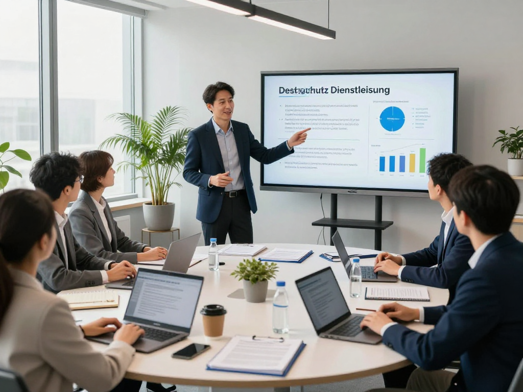 Präsentation zur Datenschutzdienstleistung in modernem Büro mit engagierten Mitarbeitern.