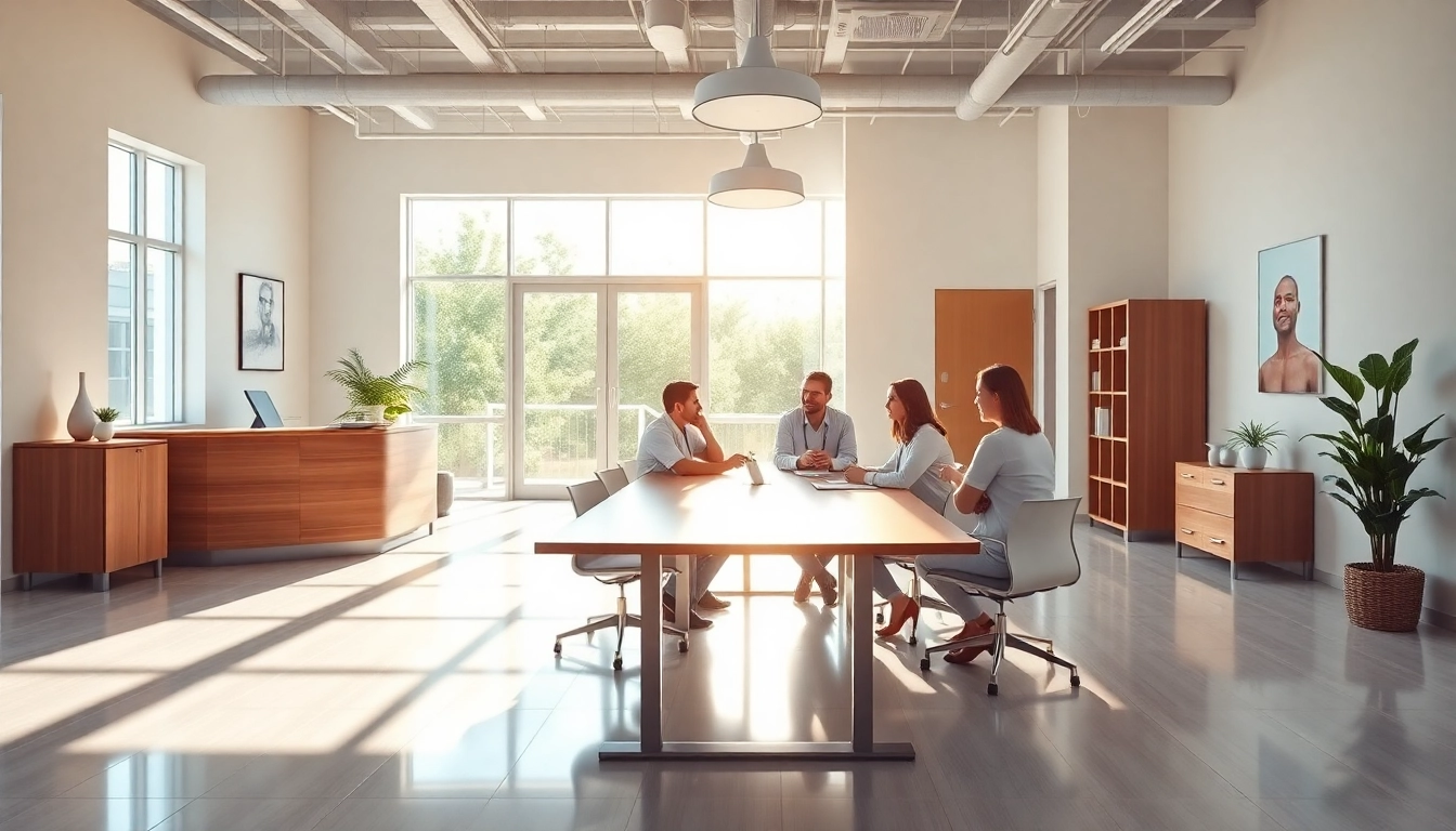 Visualize experts discussing plans to pflegedienst gründen in a bright, welcoming healthcare office.