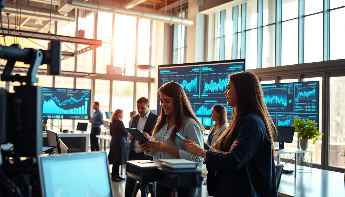 Technologie-Visualisierung in einem modernen Büro mit innovativen Gadgets und einem kreativen Team.