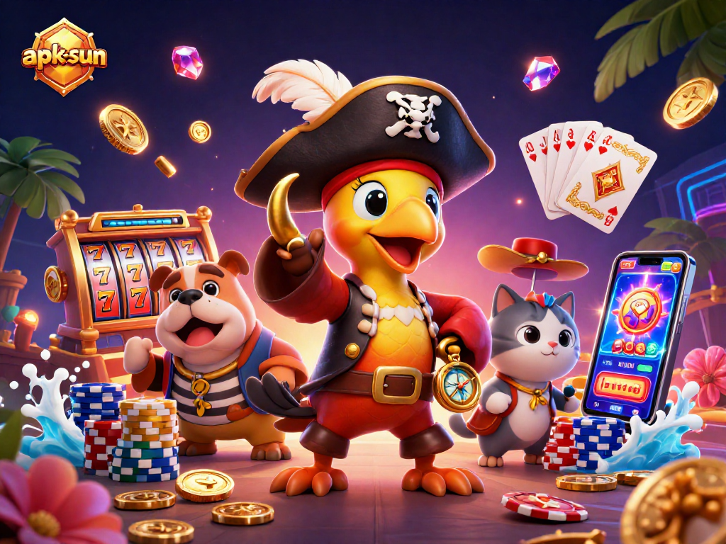 Engage with apk-sun's exciting pirate-themed slot games featuring vibrant characters and rich casino elements.