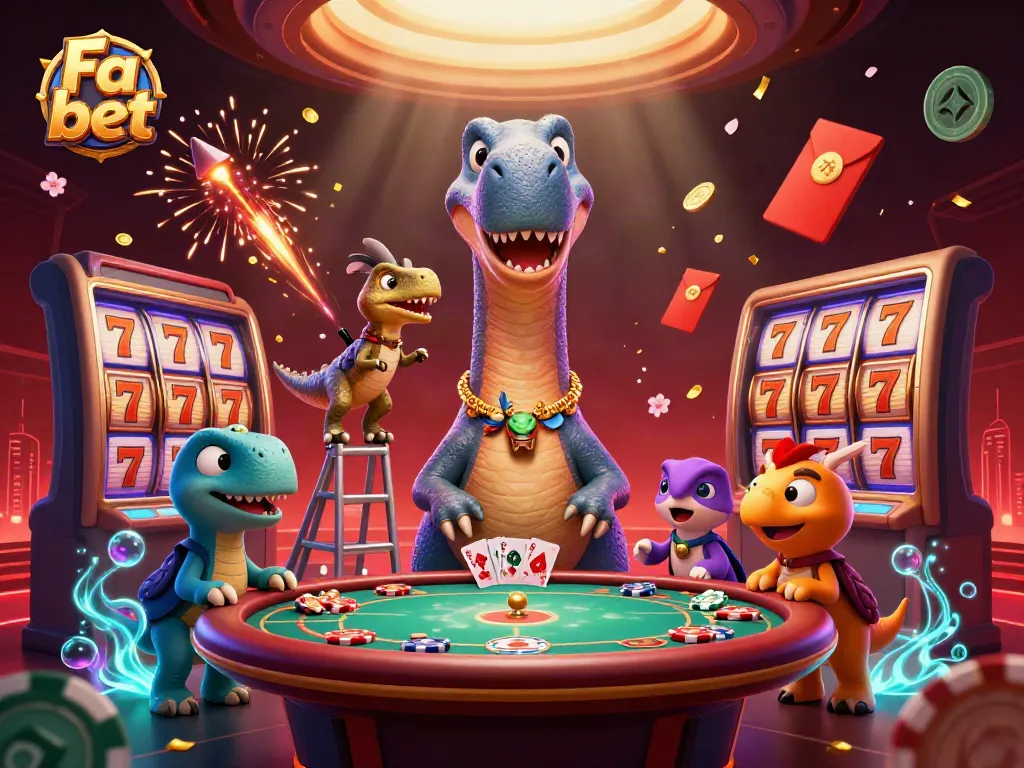 Experience thrilling gameplay at Fa bet with a towering brontosaurus and raptor dealer in a vibrant casino scene.