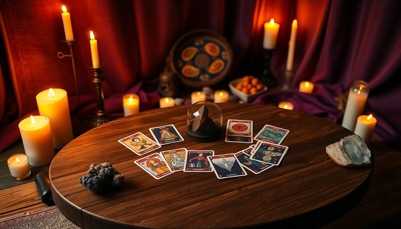 Das lenormand orakel online wird in einem gemütlichen Raum mit Kerzen und Kristallen präsentiert.