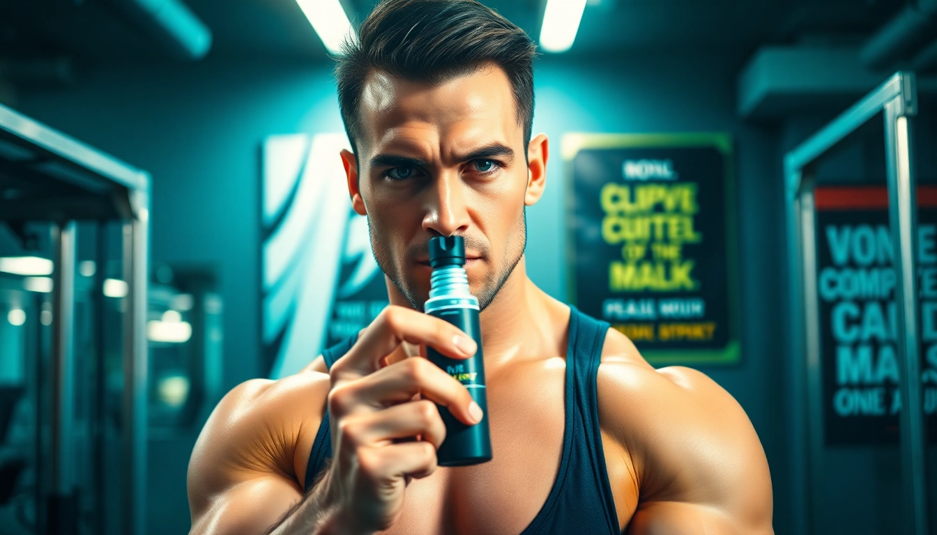 Clenbuterol kaufen: Athlet hält ein Inhalationsgerät in einem modernen Fitnessstudio.