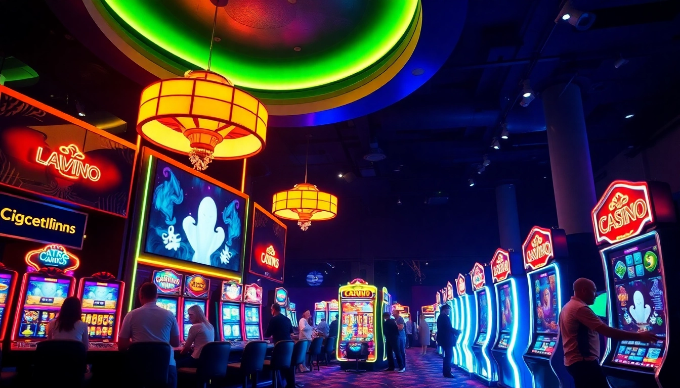 Spiele in einem online casino ohne anmeldung mit bunten Spielautomaten und fröhlichen Spielern erleben.