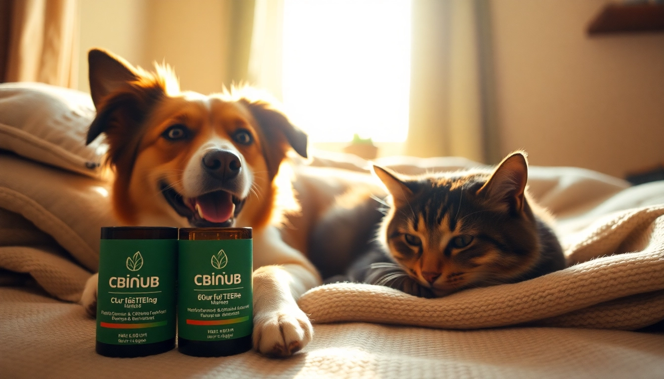 Relaxed pets enjoying CBD für Tiere oil in a cozy, sunlit environment.