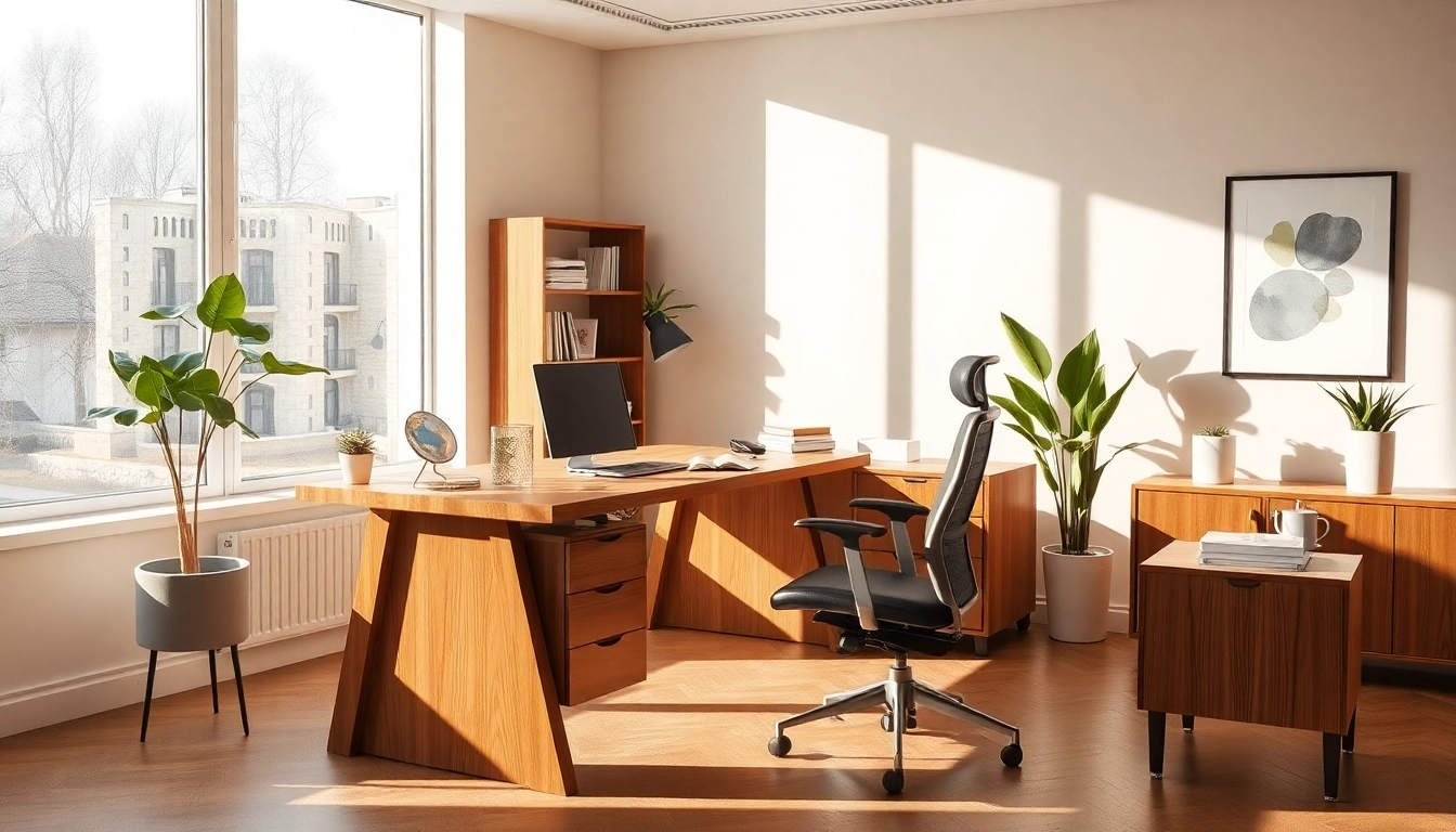 Büromöbel in modernem Büro-Setup mit höhenverstellbarem Schreibtisch und komfortablem Stuhl für effektives Arbeiten.