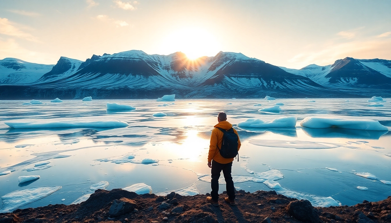 Erleben Sie eine atemberaubende Reise nach Island mit einem Wanderer vor einem Glaciersee und majestätischen Bergen im Hintergrund.
