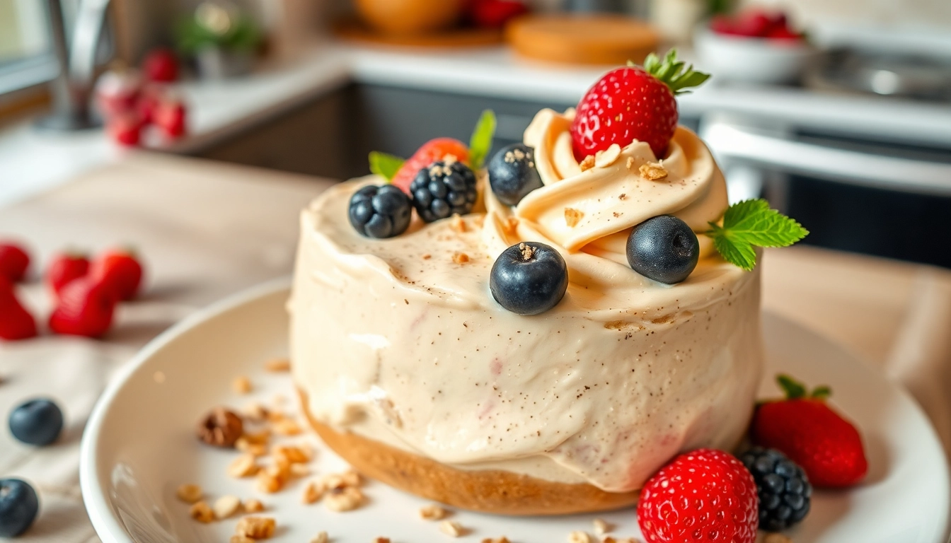 Indulge in this creamy protein sahne dessert with fresh berries, offering a healthy blend of taste and nutrition.