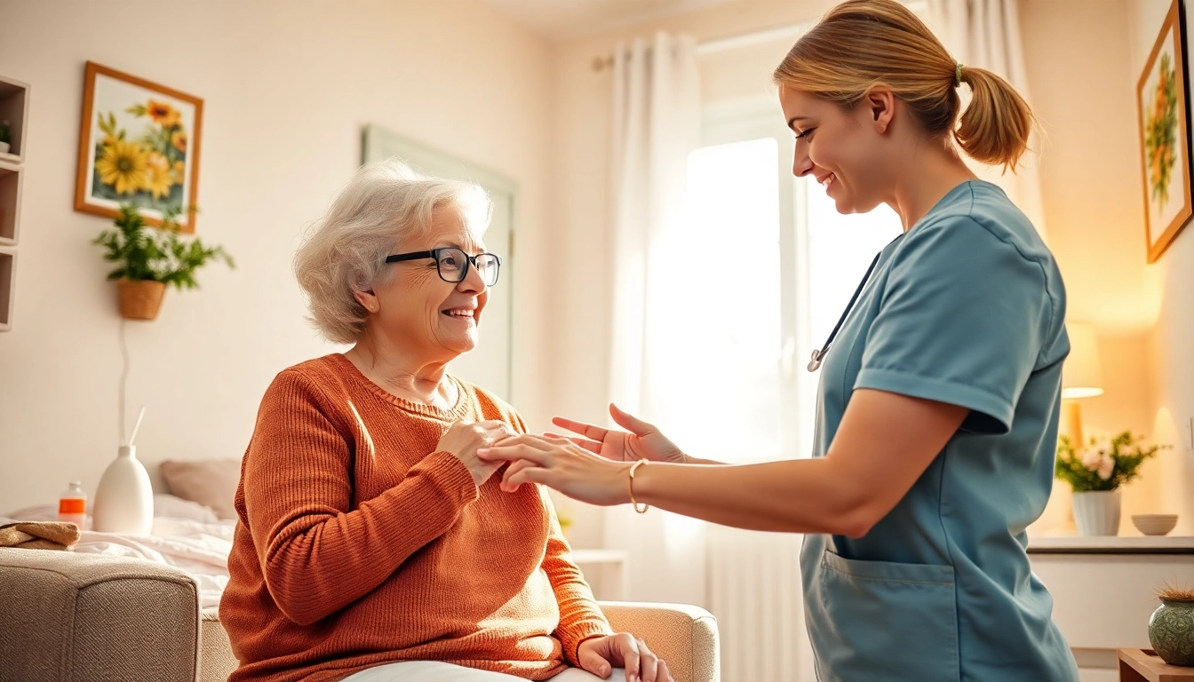 Pflegedienst unterstützt ältere Dame bei der Körperpflege in einer hellen Wohnung.