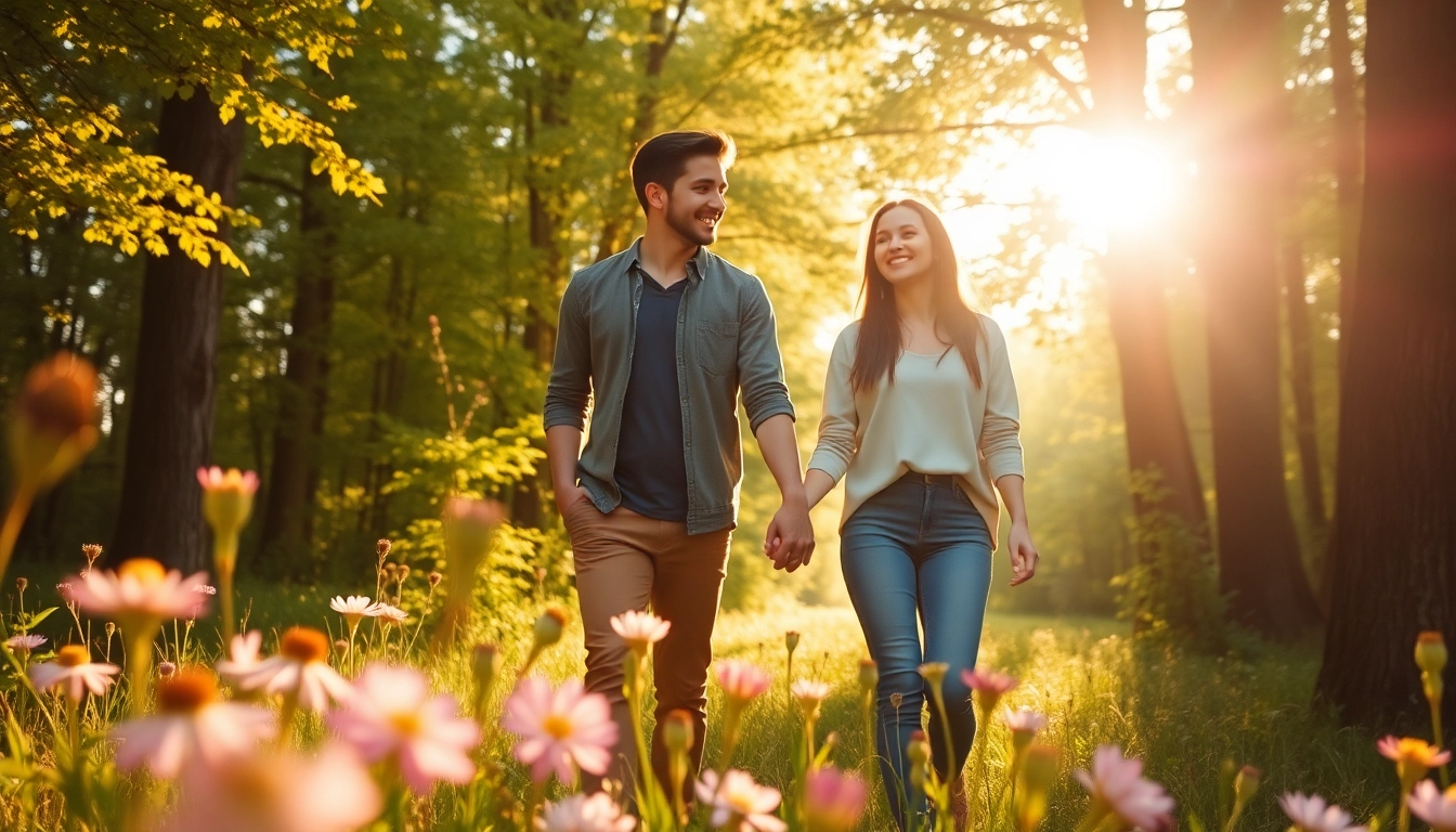 Couples photoshoot in a sunlit forest, capturing joy and connection.
