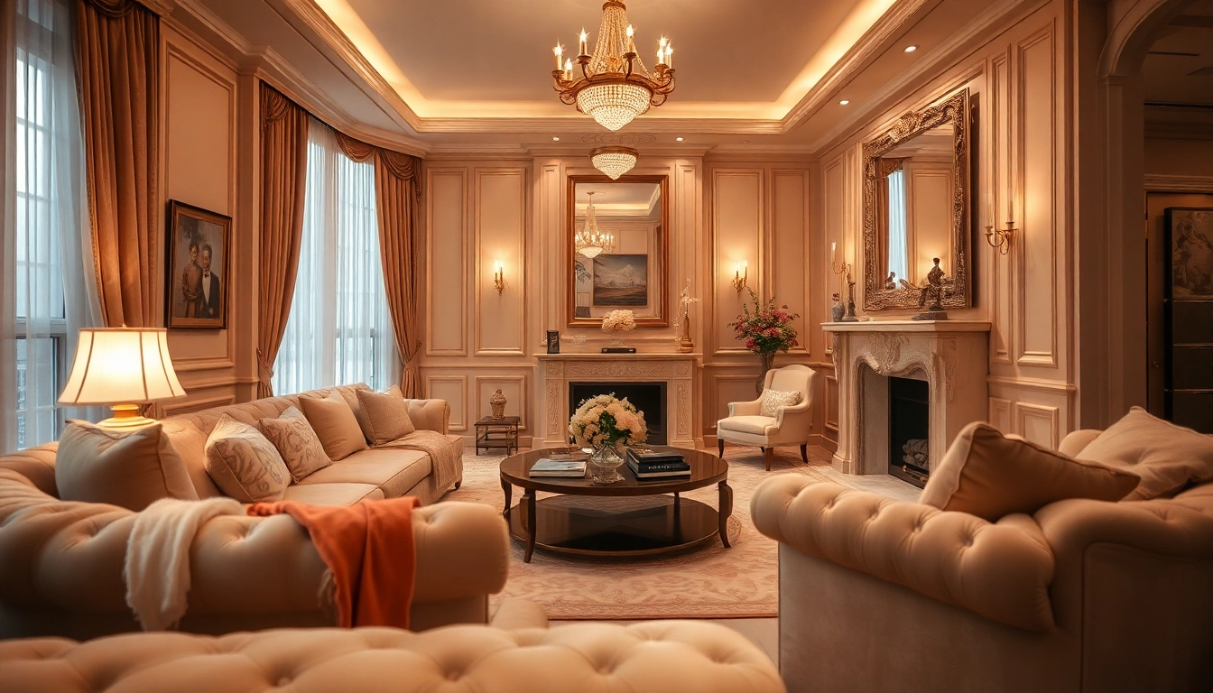 Experience luxury in a beautifully arranged living room with elegant furnishings and warm lighting.