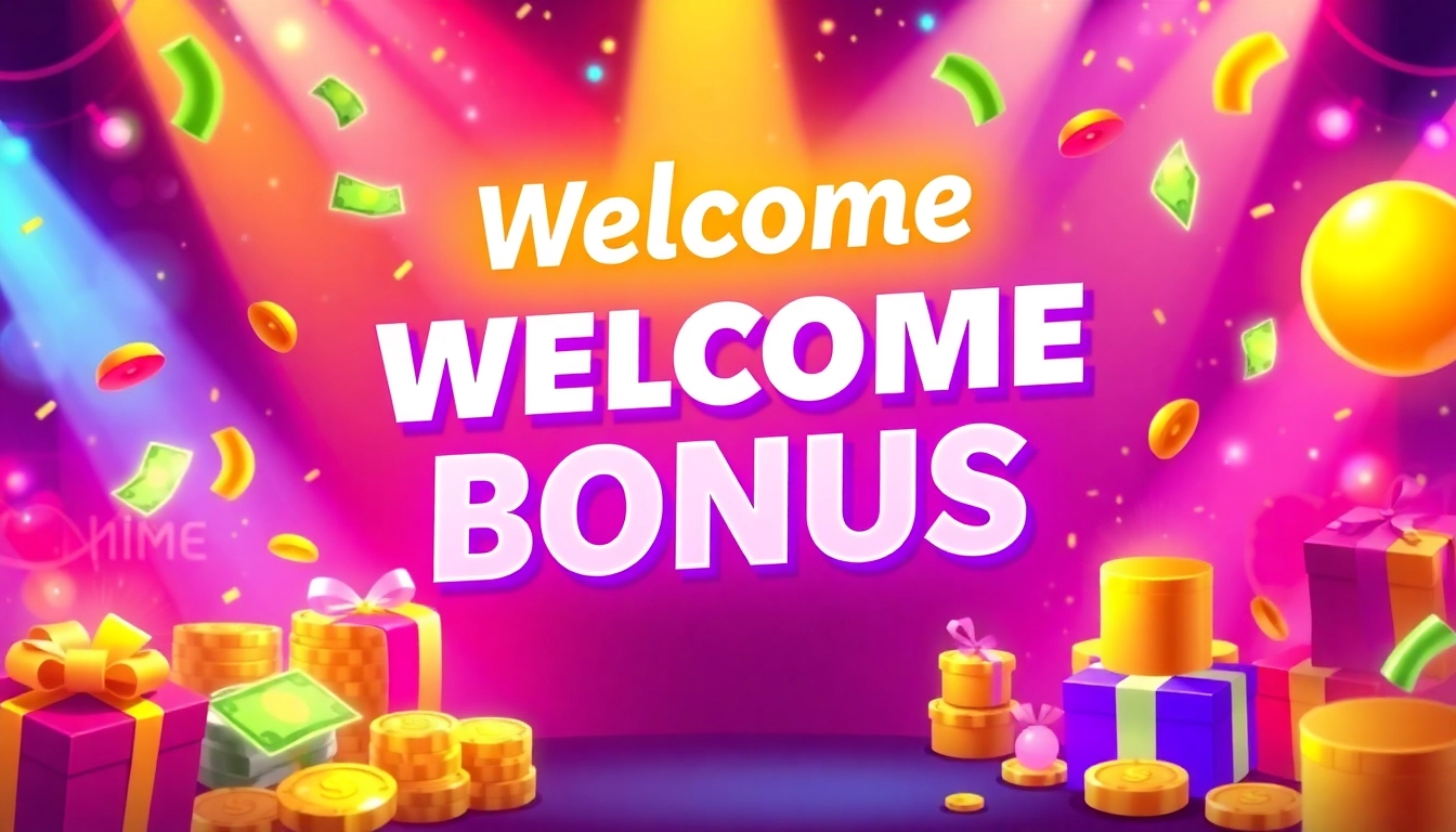 Promote the Welcome Bonus with enticing visuals of cash rewards and gifts for new customers in a vibrant setting.