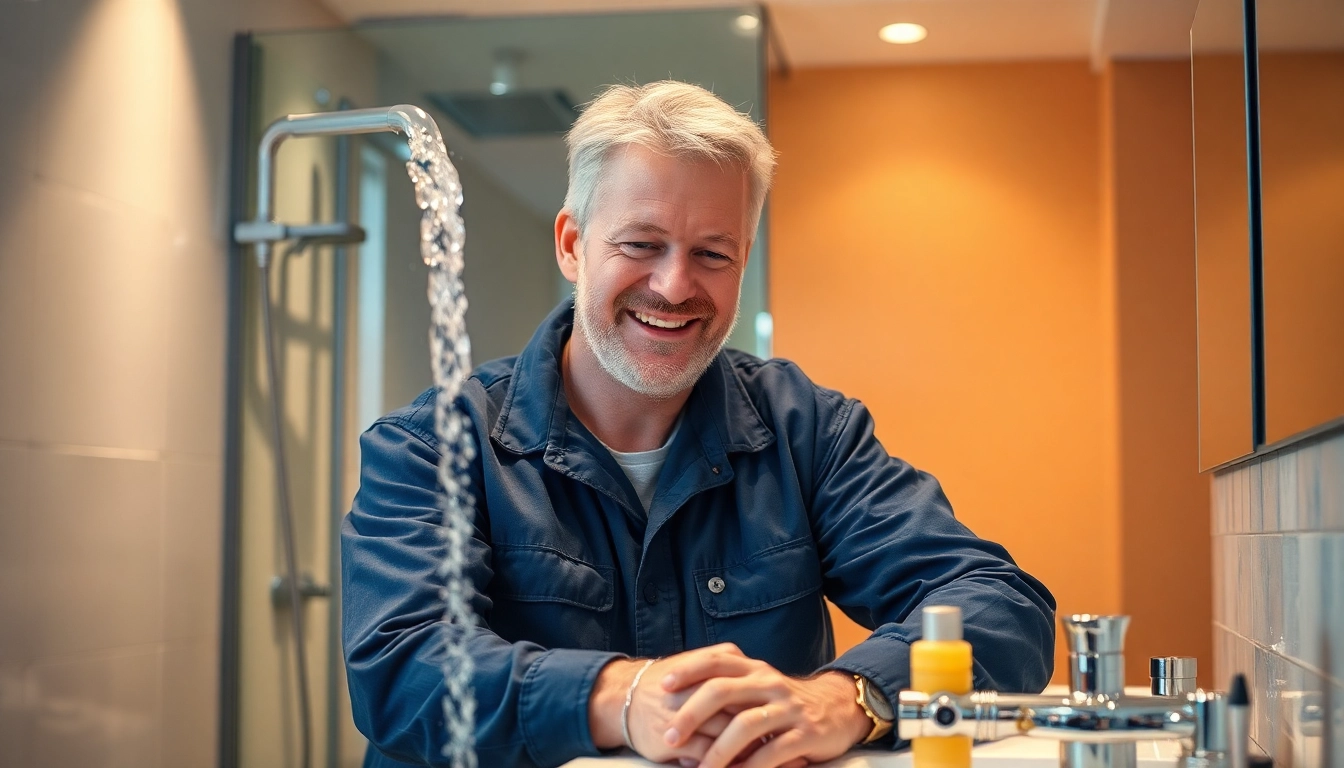 Installateur Notdienst: Professioneller Klempner repariert einen Wasserhahn in einem modernen Badezimmer.