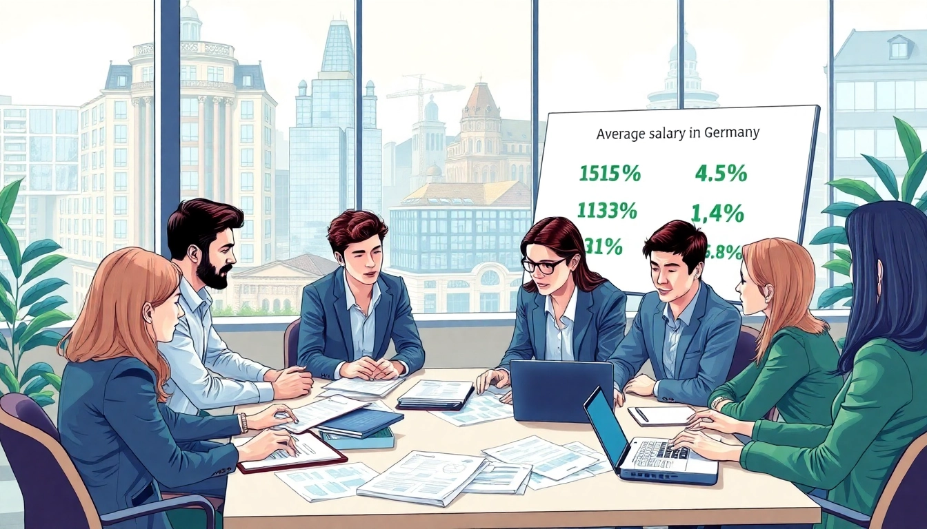 Visualize professionals discussing the average salary in Germany amid urban architecture.