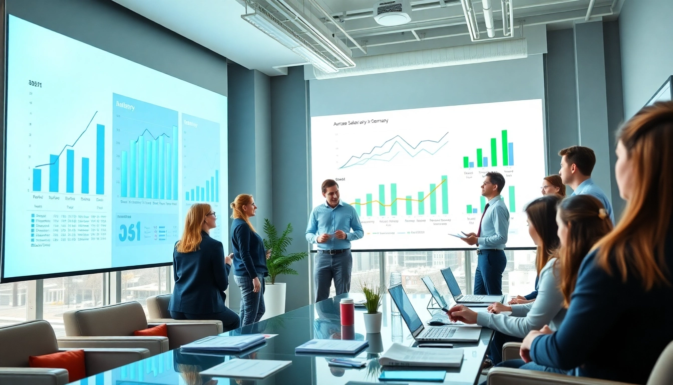 The visual representation of the average salary in Germany showcased by diverse professionals analyzing salary statistics in a modern office.