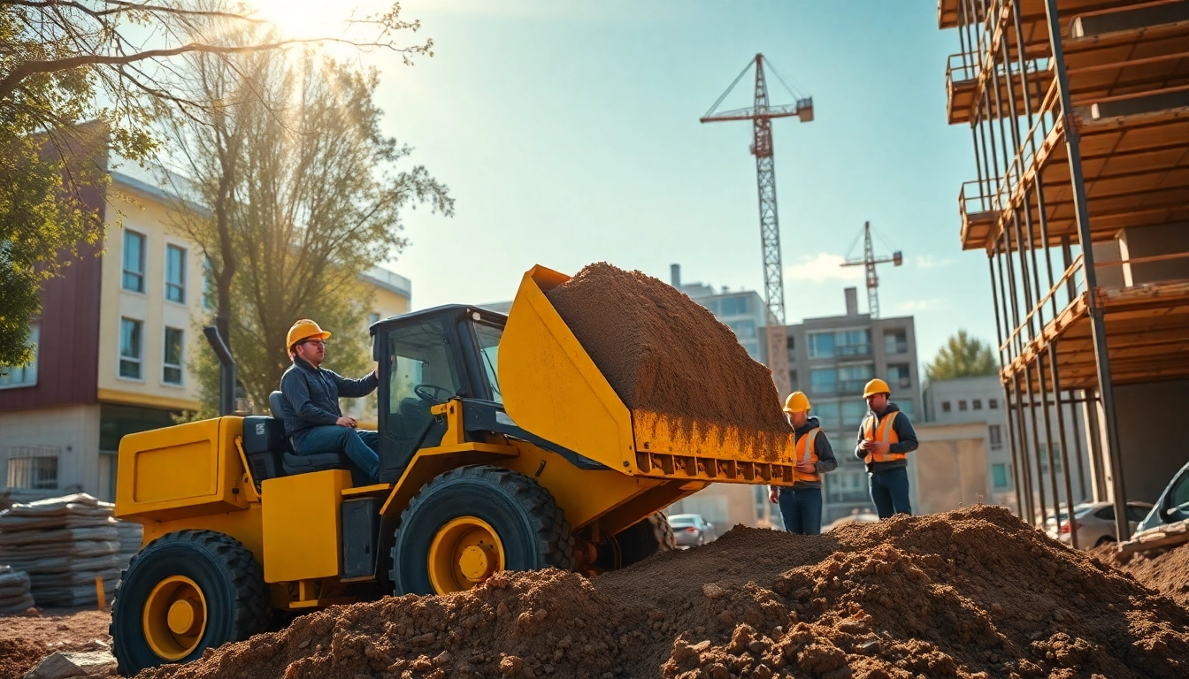 Radlader mieten Celle: Moderner Radlader im Einsatz auf einer Baustelle mit Bauarbeitern und urbanem Hintergrund.