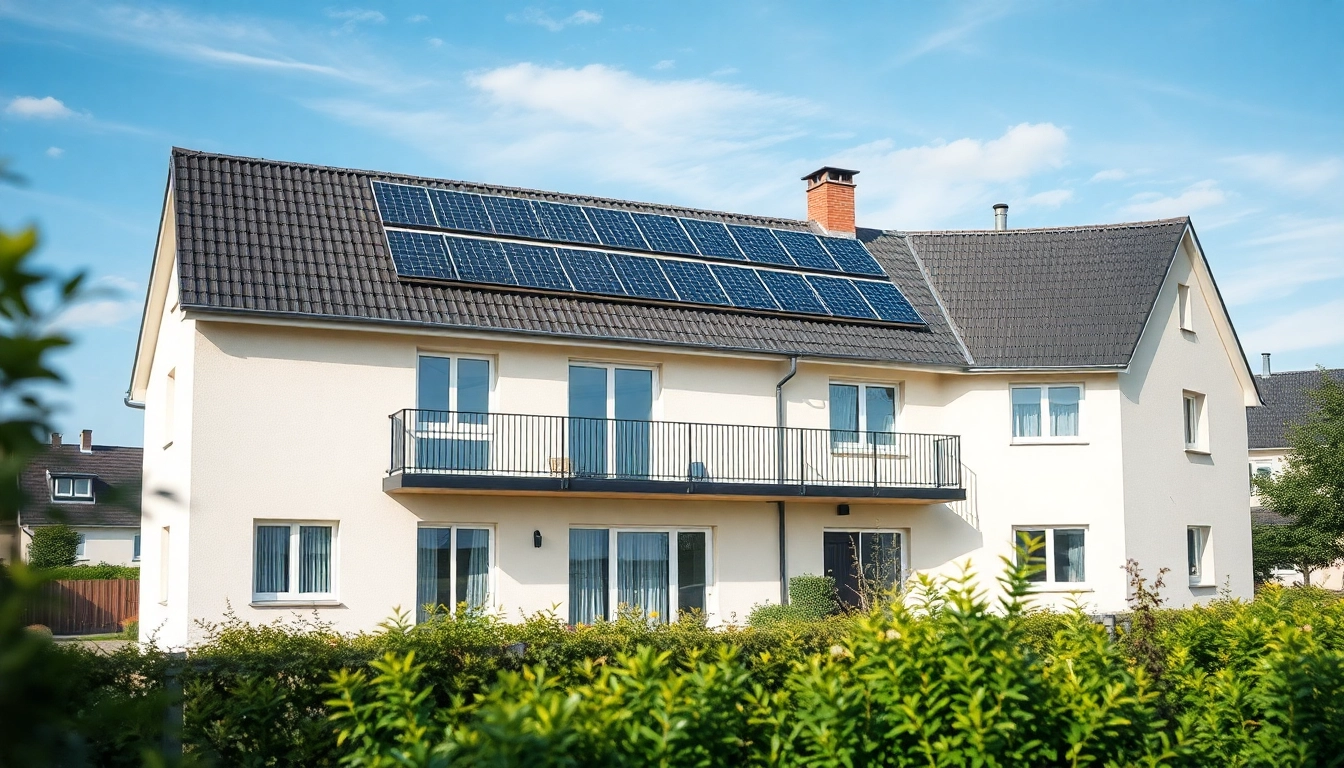Günstige Solarmodule kaufen - Solarbedecktes modernes Haus mit grünem Umgebung.