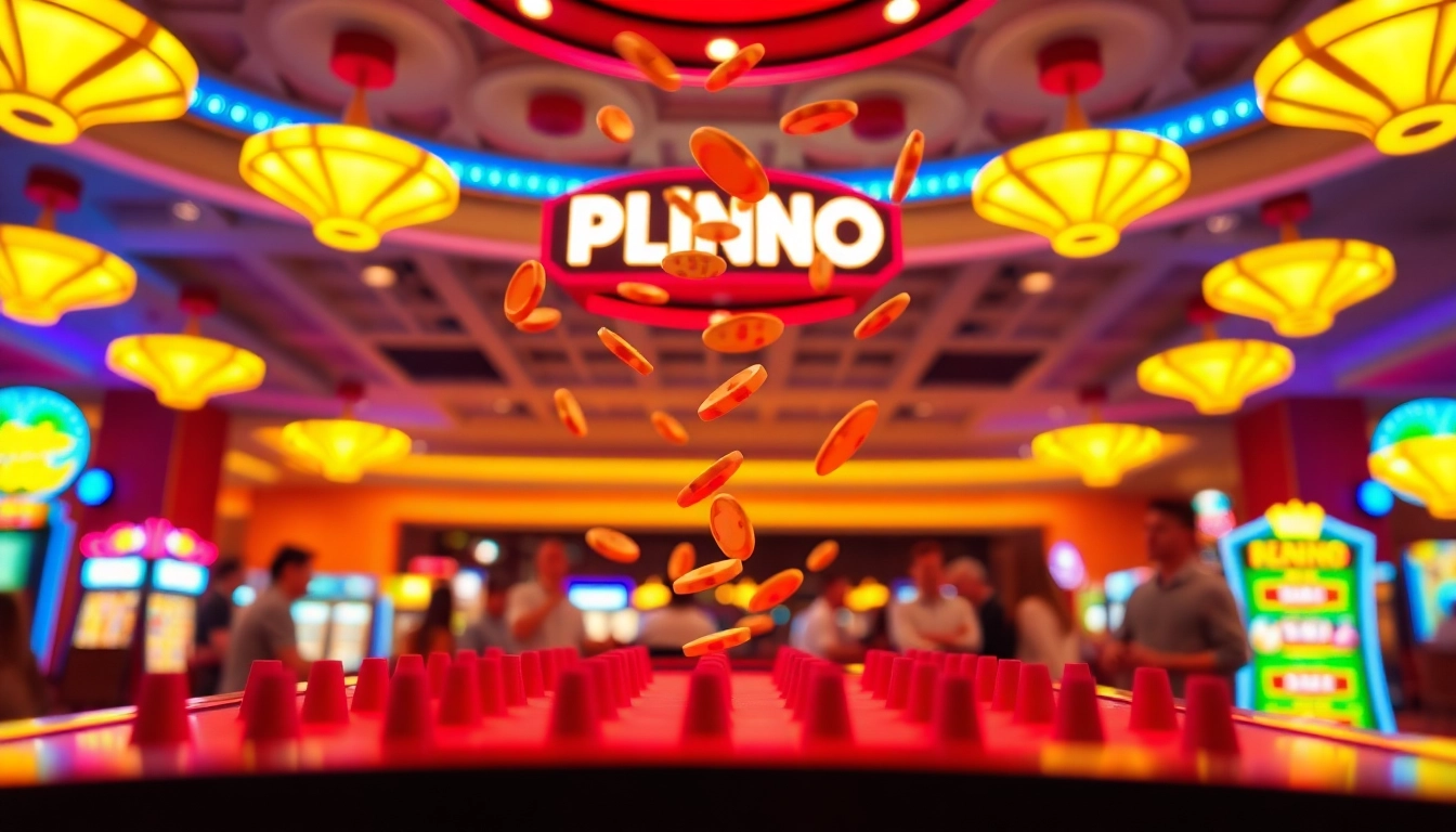 Experience the excitement of the Plinko game as colorful chips cascade down a vibrant board in a lively casino.