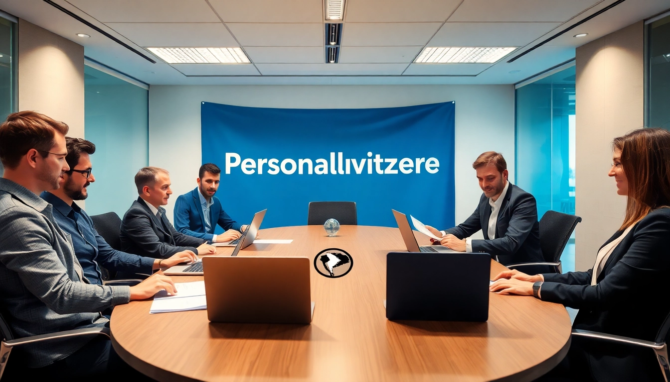 Visualisiere eine dynamische Szene der Personalvermittlung, in der Fachkräfte im modernen Büro zusammenarbeiten.