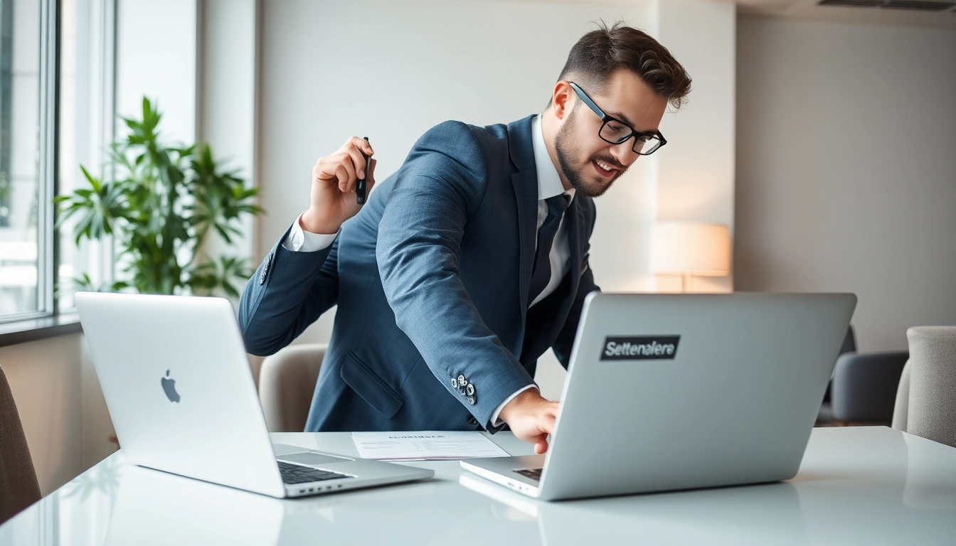 Headhunter Düsseldorf bei der Arbeit am Telefon in einem modernen Büro, umgeben von Stellenanzeigen und einer professionellen Atmosphäre.