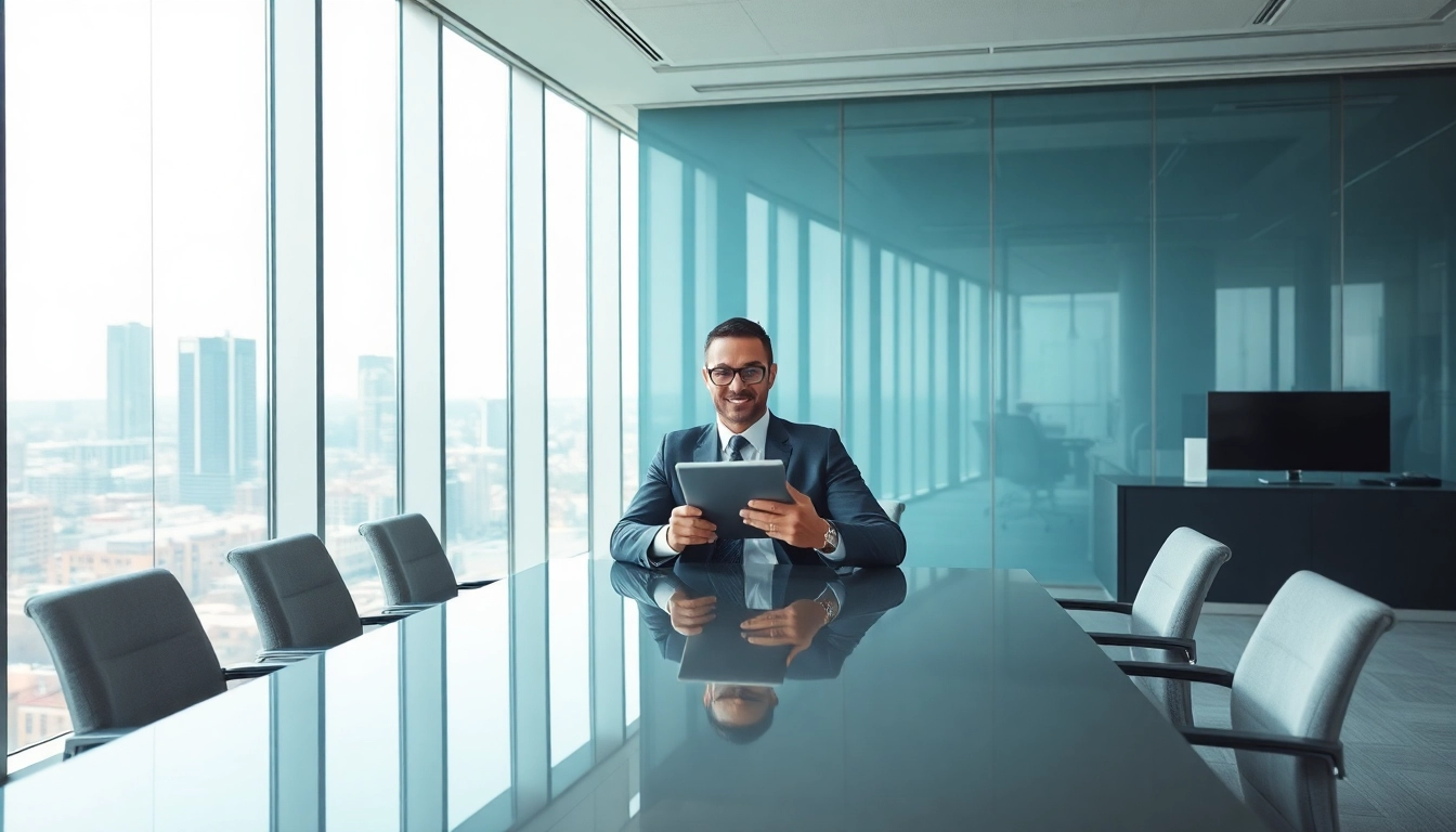 Headhunter führt ein Gespräch in einem modernen Büro mit einem Tablet in der Hand.