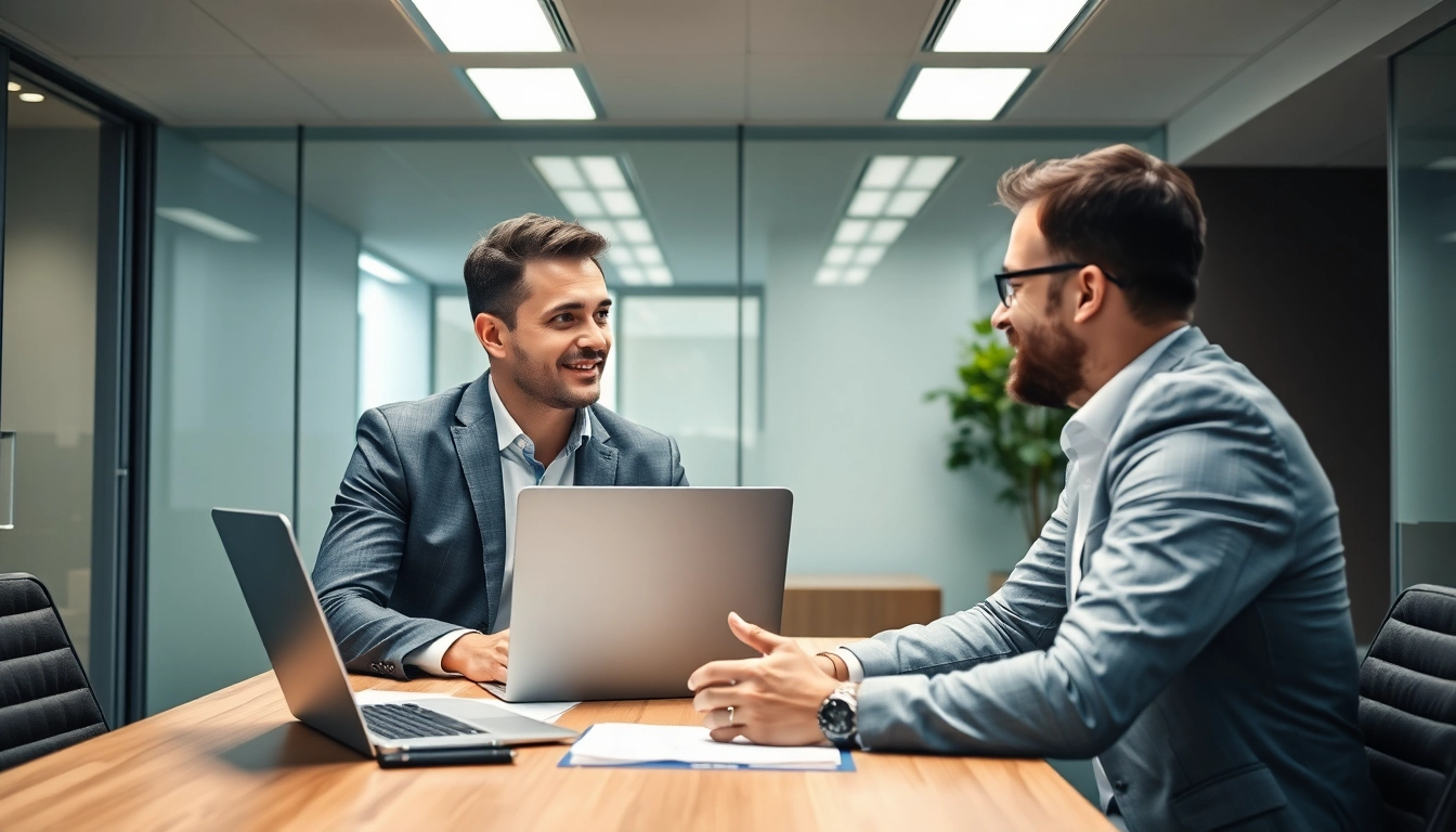 Headhunter Wolfsburg im Gespräch mit Kandidat, modernes Büro, professionell und optimistisch.