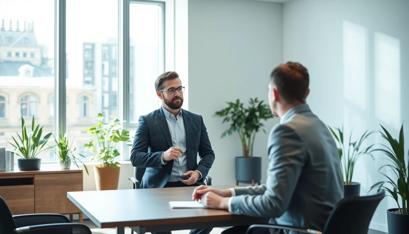 Headhunter Köln im Gespräch mit einem Kandidaten in einem modernen Büro.