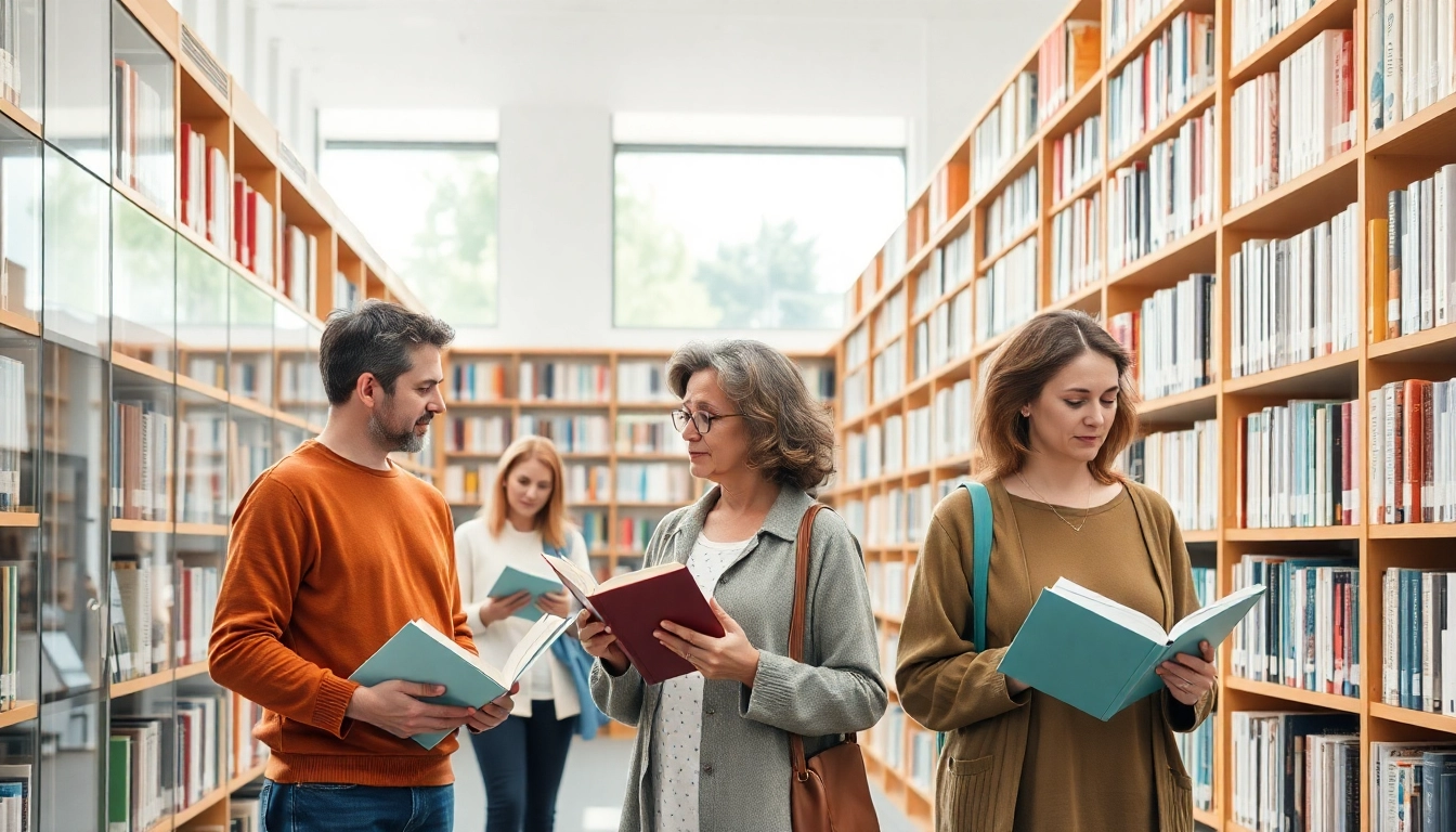 Personen lernen in einer modernen Bibliothek über Gesundheitsinformationen.