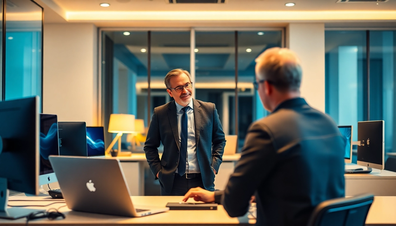 Headhunter IT im Gespräch mit einem Kandidaten in einem modernen Büro.