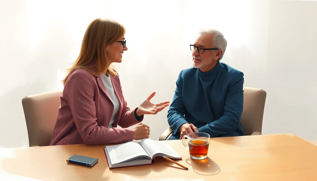 Coaching in Lebenskrisen: Beraterin unterstützt Klienten in einer einladenden Atmosphäre.