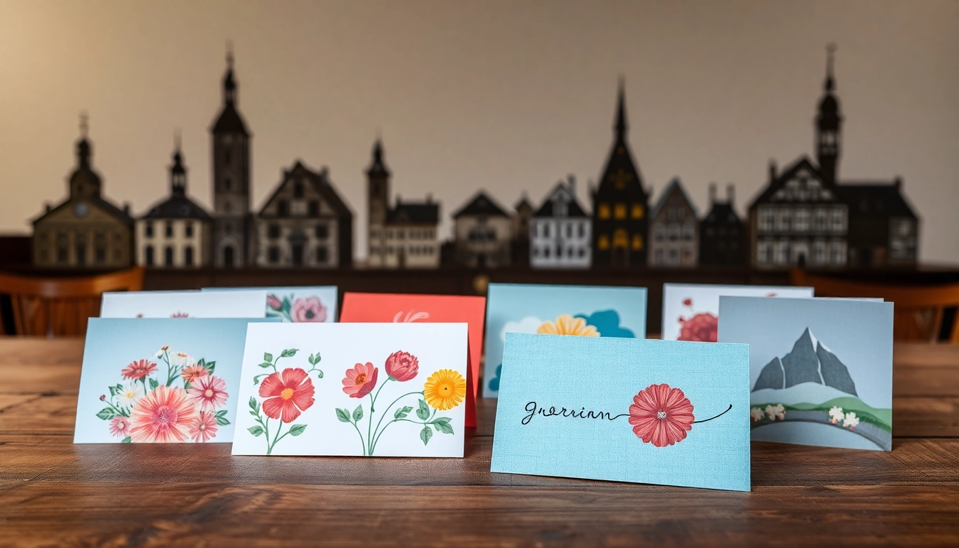 Entdecken Sie die eleganten Grusskarten Zürich mit kunstvollen Designs auf einem rustikalen Holztisch.