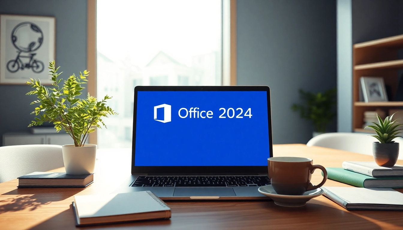 Nutzen Sie Office 2024 Pro Plus für Windows 11 in einem modernen Arbeitsumfeld mit Laptop und kreativen Elementen.