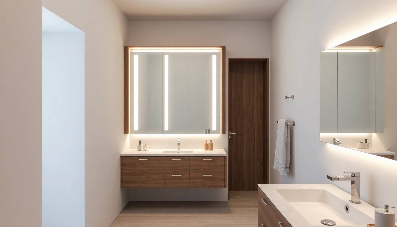 Stilvolles Badezimmer mit Spiegelschrank mit LED Beleuchtung, der modernes Design und Funktionalität vereint.