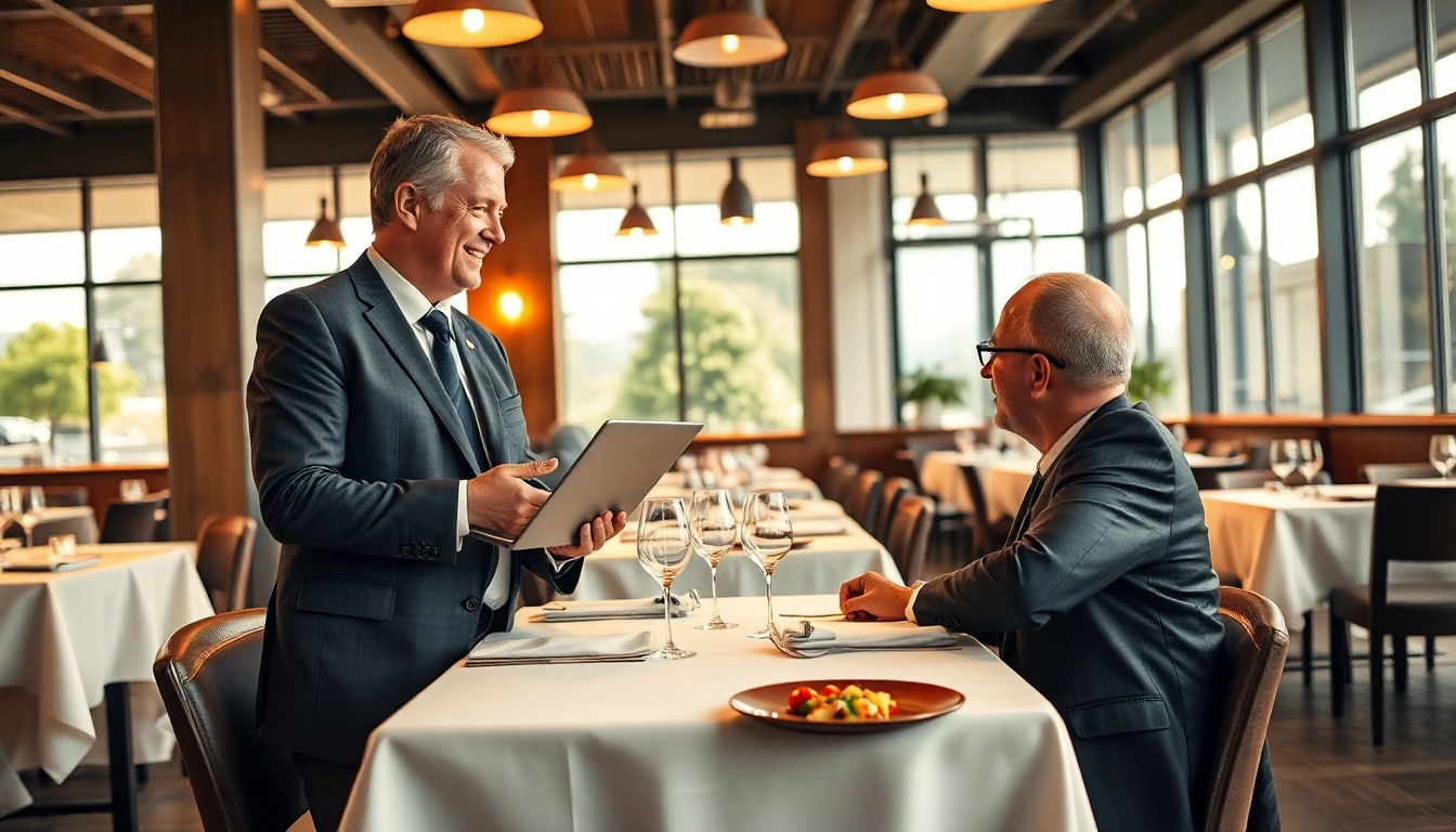 Headhunter Gastronomie im Gespräch mit einem Bewerber in einem modernen Restaurant, das die Branche symbolisiert.