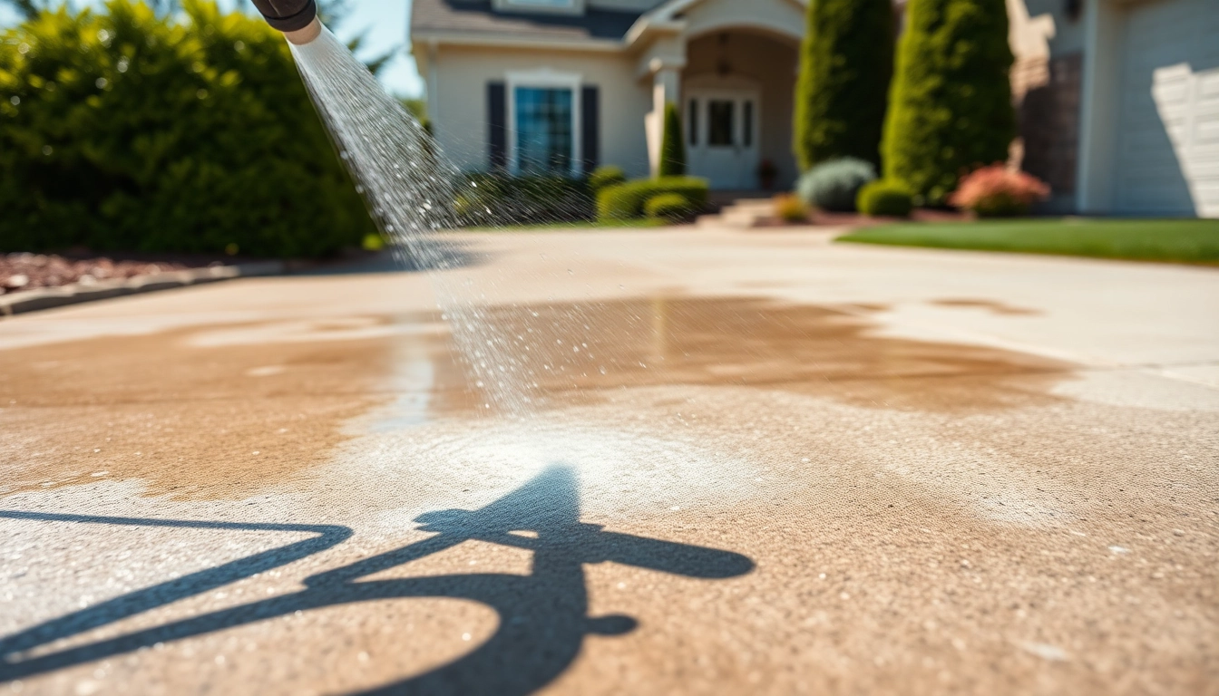 Driveway pressure wash in action, showcasing a professional cleaner revitalizing concrete surfaces with powerful equipment.