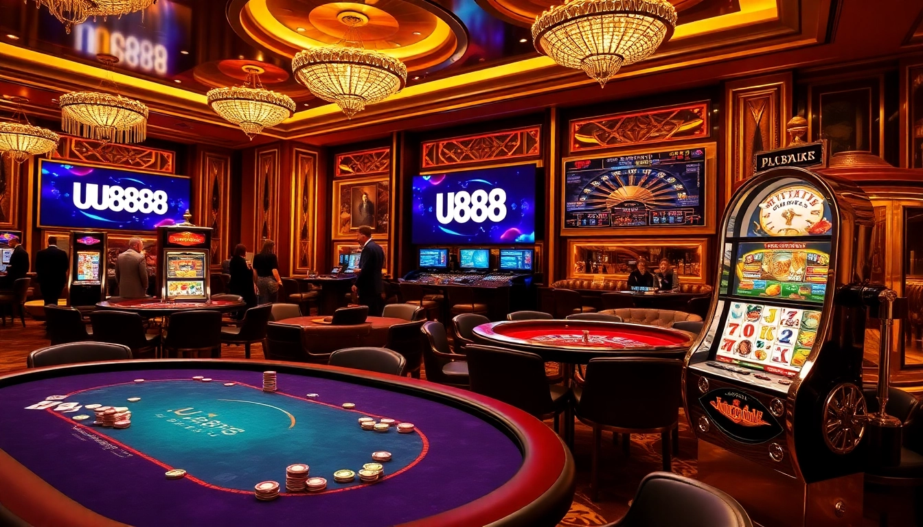 Experience excitement at U 888 casino with players at a poker table and a vibrant slot machine.