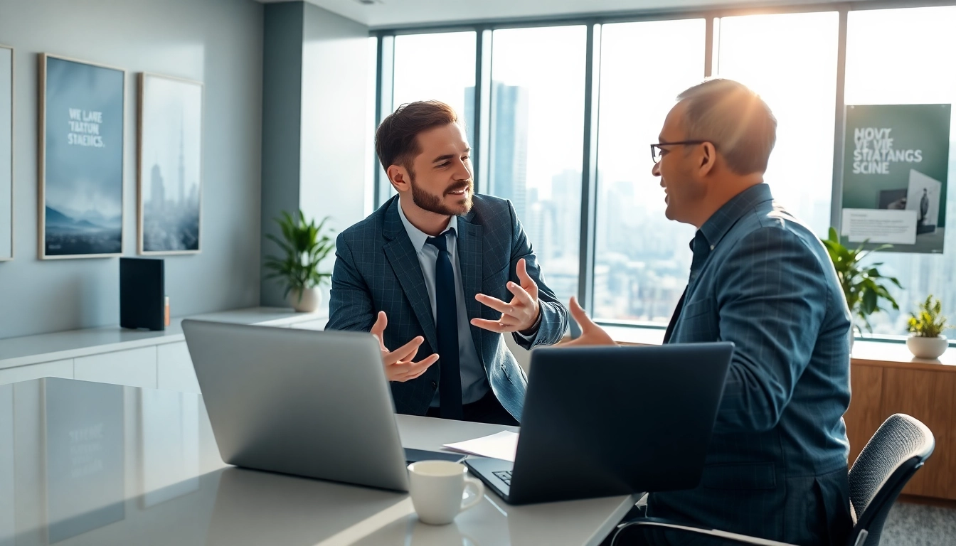 Headhunter IT in a modern office, discussing strategies with a client.