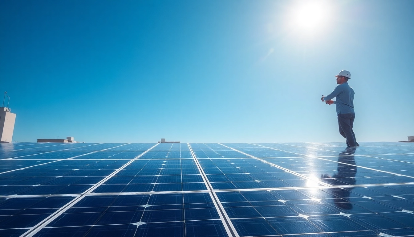 Photovoltaikanlage Kaufen Wien auf einem Dach mit einem Techniker, der das System anpasst.