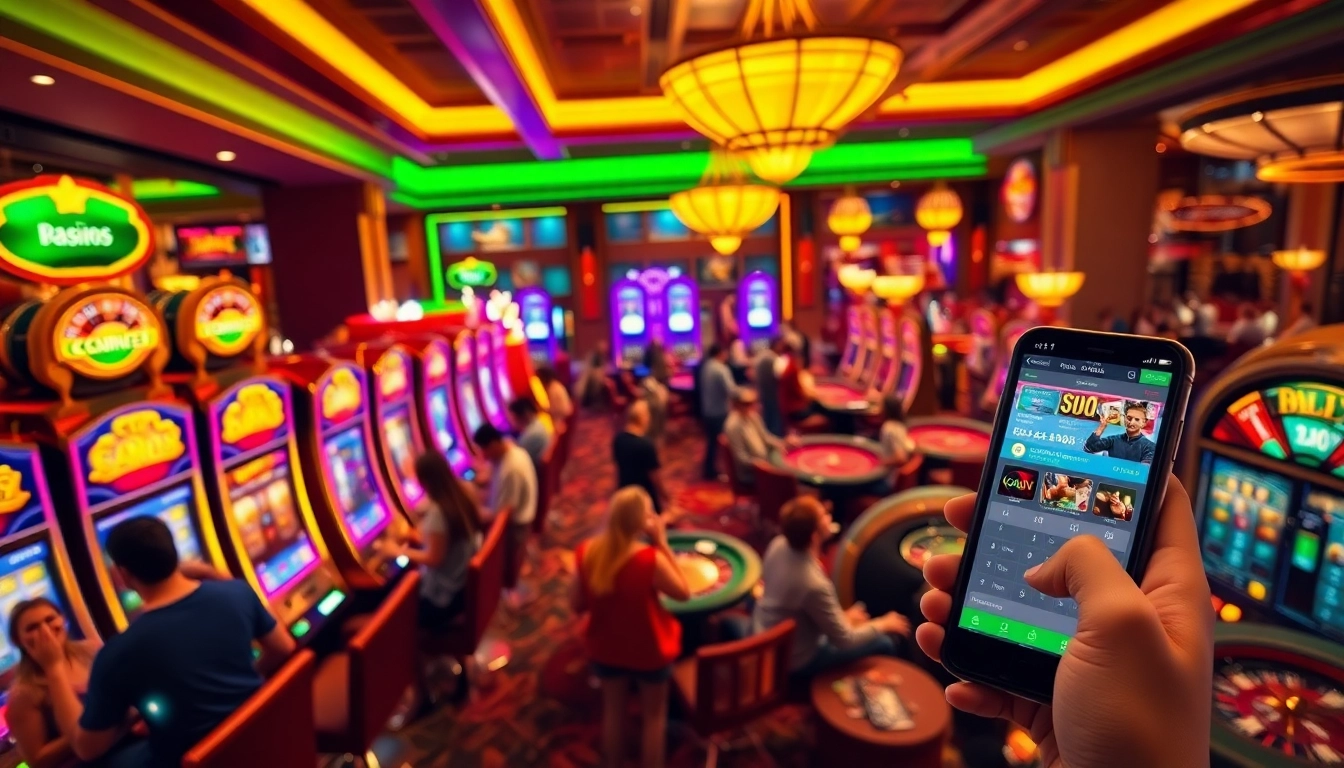 Gamblers enjoying vibrant slot machines at https://88i8i.net/, surrounded by poker tables and roulette wheels in a luxury casino.
