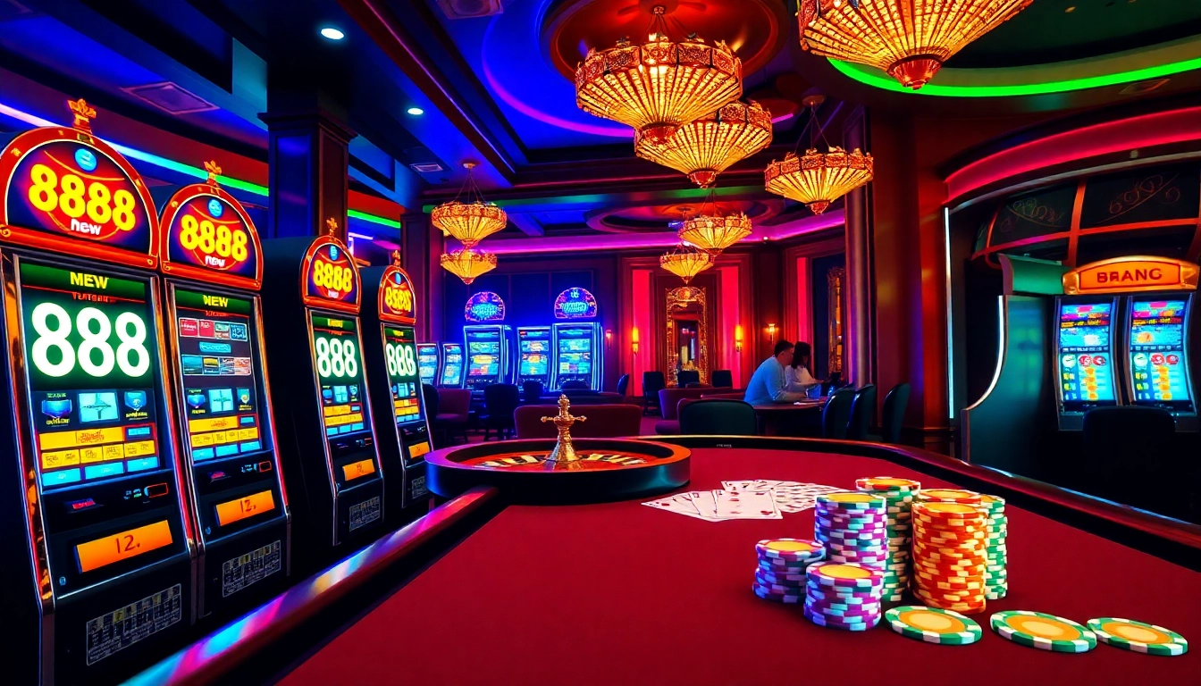 Experience the excitement of 888 new games with vibrant slot machines and poker chips.