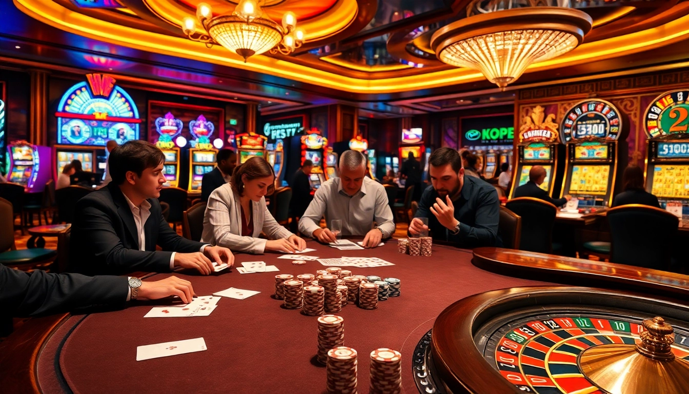 Players at a poker table in https://m88zo.com/ showcasing poker chips and casino excitement.