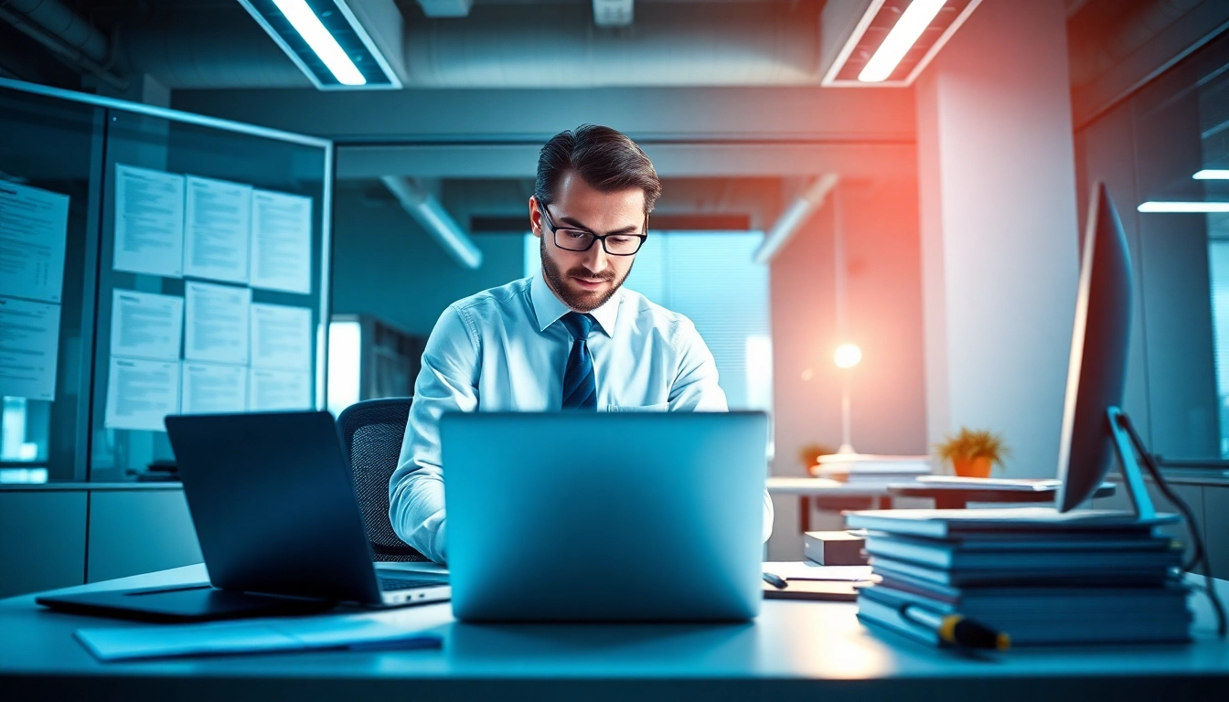 Headhunter Schweiz in einem modernen Büro, umgeben von Lebensläufen und Technologie.