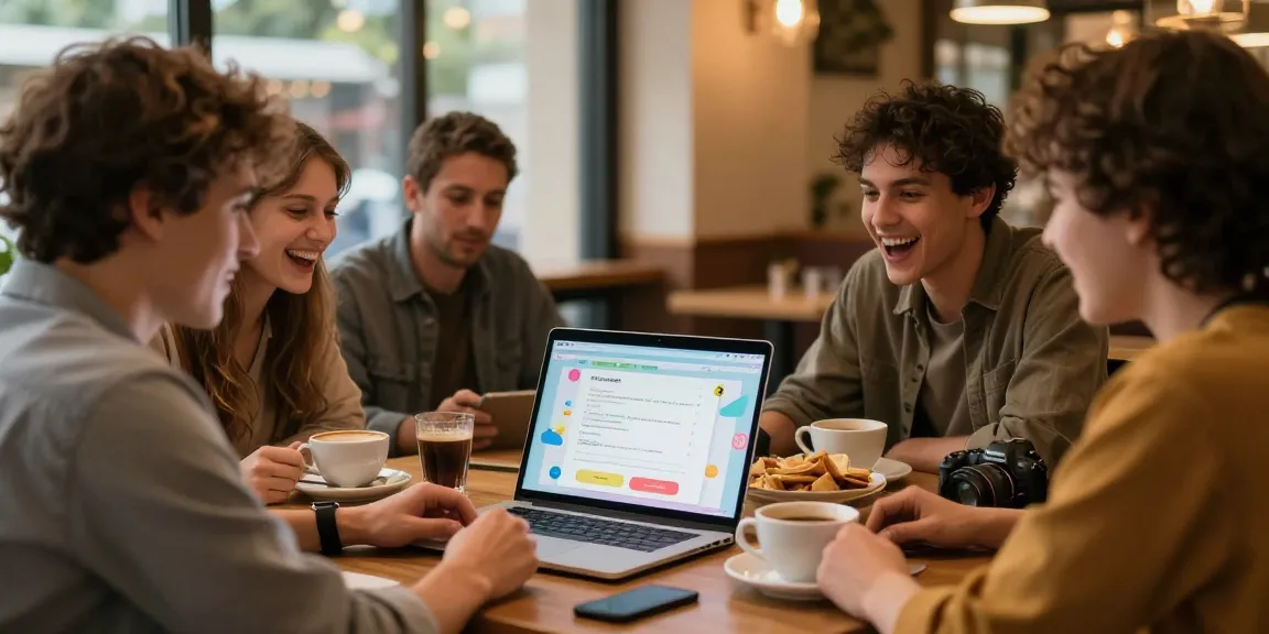 Eine Gruppe von Freunden testet ihr Quiz Allgemeinwissen in einem gemütlichen Café.