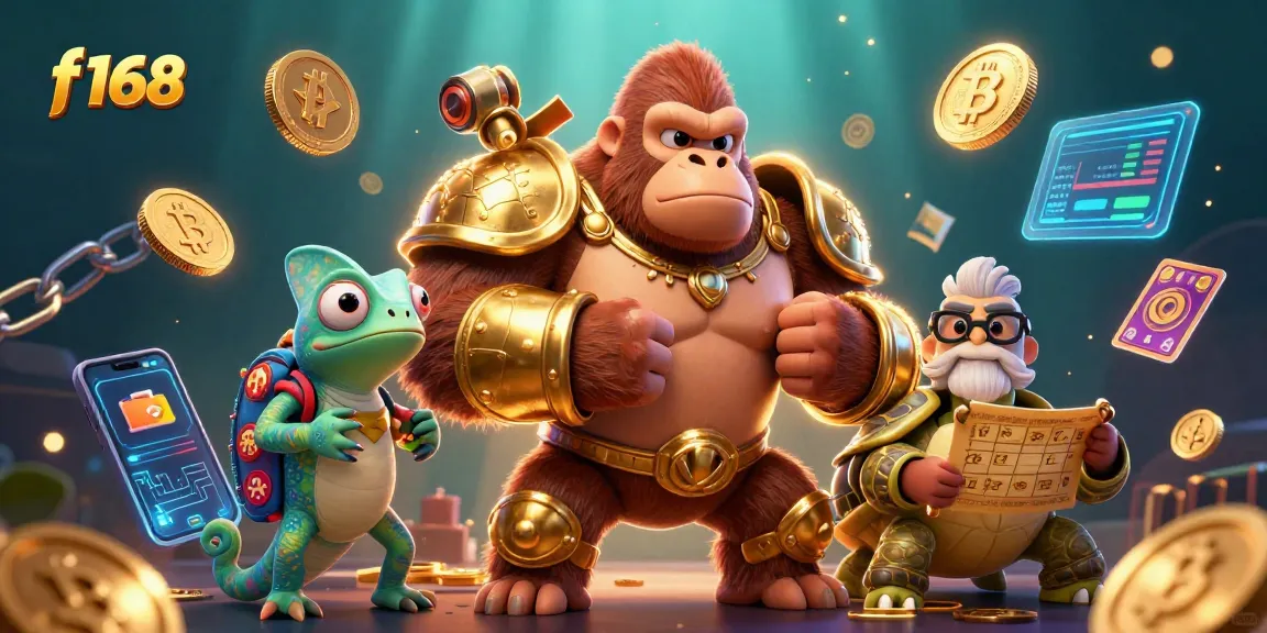 Experience thrilling gameplay at f168 with a vibrant scene of a gorilla king and friends, surrounded by dynamic gambling elements.