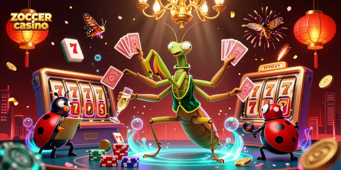 Zoccer Casino's vibrant scene showcases a giant praying mantis dealing cards and a ladybug pit boss in a lively casino atmosphere.